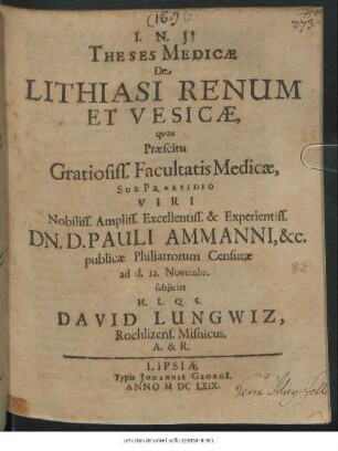 Theses Medicae De Lithiasi Renum Et Vesicae