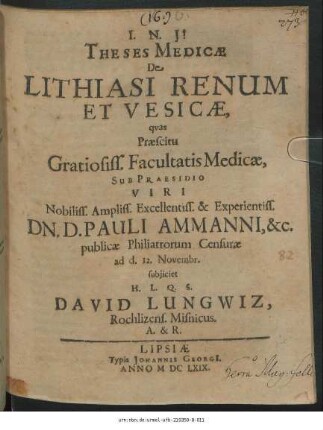 Theses Medicae De Lithiasi Renum Et Vesicae
