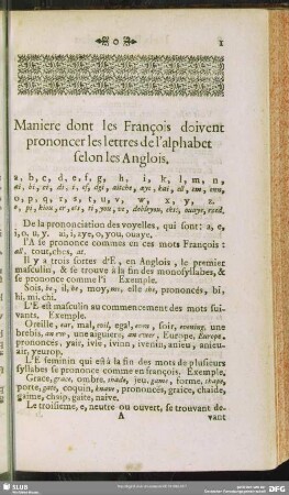Maniere dont les François doivent prononcer les lettres de l'alphabet selon les Anglois