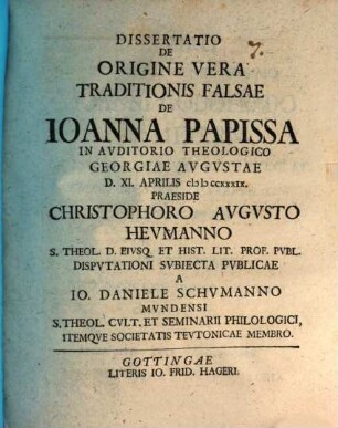 Dissertatio de origine vera traditionis falsae de Ioanna Papissa