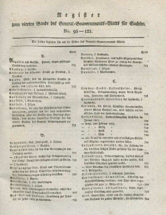 Register zum vierten Bande des General-Gouvernements-Blatts für Sachsen. No. 95-121