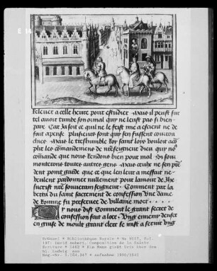 Ms 9017, Composition de la Sainte Ecriture, fol. 197: Ein Mann gießt Urin über dem heiligen Ludwig aus