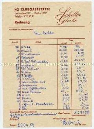 Rechnung für eine Familienfeier im Restaurant "Schiller Glocke" - Familienkonvolut