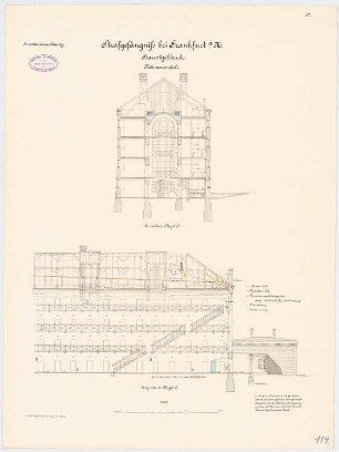 Strafgefängnis, Frankfurt/Main Haupthaus - Männeranstalt: Längsschnitt, Querschnitt 1:100