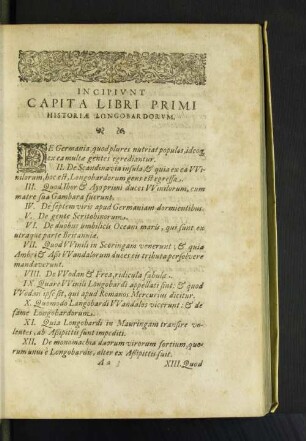 Incipivnt Capita Libri Primi Historiae Longobardorvm.