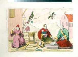 Chinesische Familie beieinander sitzend