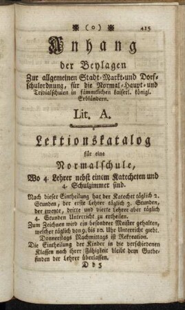 Anhang der Beylagen Zur allgemeinen Stadt- Markt- und Dorfschulordnung, für die Normal- Haupt- und Trivialschulen in sämmtlichen kaiserl. königl. Erbländern.