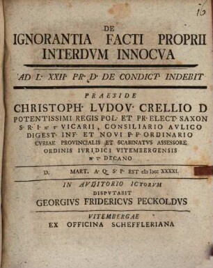 De Ignorantia Facti Proprii Interdvm Innocva : Ad L. XXII. Pr. D. De Condict. Indebit