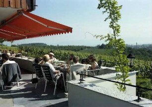 Kressbronn: Weingut Torggel , Terrasse und Bogen zum Parkplatz