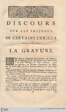 Discours sur les préjugez de certains curieux touchant la gravure