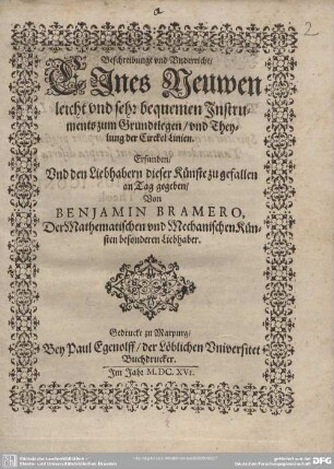 Beschreibunge und Underricht, Eines neuwen leicht und sehr bequemen Instruments zum Grundtlegen, und Theylung der Circkel Linien