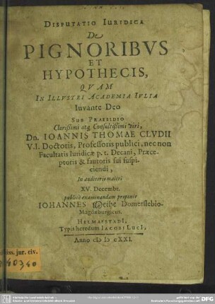 Disputatio iuridica de pignoribus et hypothecis