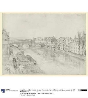 Die Fulda in Kassel. Flusslandschaft mit Brücke und Häusern