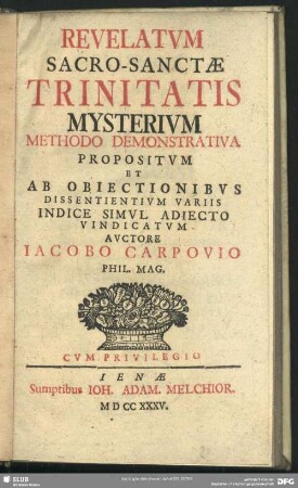 Revelatum Sacro-Sanctae Trinitatis Mysterium Methodo Demonstrativa Propositum Et Ab Obiectionibus Dissentientium Variis Indice Simul Adiecto Vindicatum