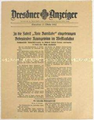 Nachrichtenblatt "Dresdner Anzeiger" mit Meldungen des Oberkommandos der Wehrmacht und des italienischen Oberkommandos u.a. zur Schlacht um Stalingrad und zum Kriegsgeschehen im Kaukasus