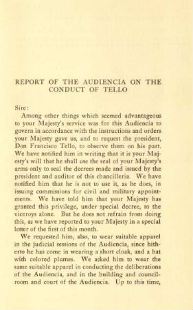 Report of the audiencia on the conduct of Tello
