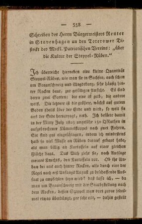 Schreiben des Herrn Bürgermeisters Reuter in Stavenhagen an den Teterower Distikt des Meckl. Patriotischen Vereins : "über die Kultur der Stoppel-Rüben."