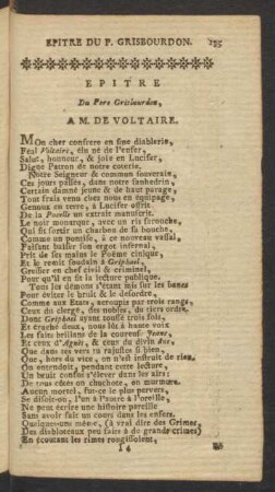 Epitre Du Pere Grisbourdon, A M. De Voltaire