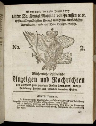 No. 2. Montags, den 13ten Januar 1777.