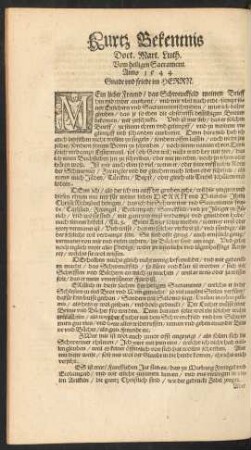 Kurtz Bekentnis Doct. Mart. Luth. Vom heiligen Sacrament. Anno 1544.