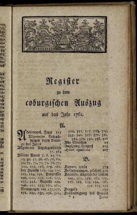 Register zu dem coburgischen Auszug auf das Jahr 1761.