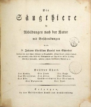 Die Säugthiere in Abbildungen nach der Natur : mit Beschreibungen, Dritter Theil. Der Robbe. Der Hund. Die Kaze. Das Stinkthier. Der Otter. Der Marder. Der Bär. Das Beutelthier. Der Maulwurf. Die Spizmaus. Der Igel