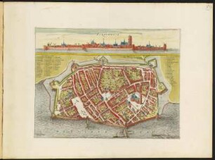 Stadtplan und Ortsansicht von Harderwijk, Niederlande , 1:2 200, kolorierter Kupferstich, um 1657