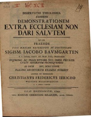 Dissertatio Theologica Exhibens Demonstrationem Extra Ecclesiam Non Dari Salvtem