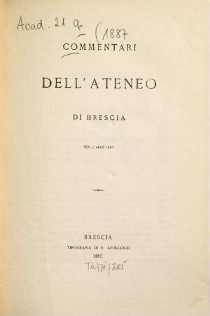 Commentari dell'Ateneo di Brescia. 1887