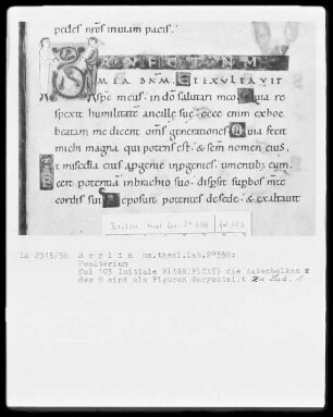 Psalter aus Werden — Initiale M (AGNIFICAT), die Außenbalken als stehende Figuren, Folio 103recto