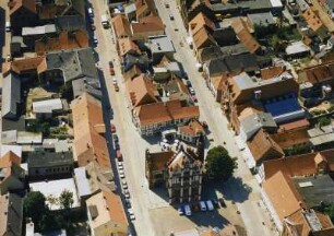Tangermünde, Stadtansicht mit Kirchstraße, Rathaus und Langer Straße von Ostnordost