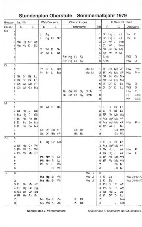 Stundenplan Oberstufe Sommerhalbjahr 1979