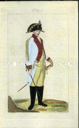 Uniformdarstellung, Offizier des Kürassier-Regiments K 9 in Gala-Uniform, Königreich Preußen, 1789, Tafel aus: Horvath: Preussische Armee-Uniformen unter der Regierung Friedrich Wilhelm II.