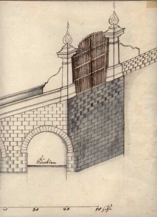 Öhringen, Schlossgartenbrücke. Aufriss. o.B. S: Weinbauer, den 7. Mai 17.4. Aquarell.