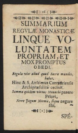 Summarium Regulae Monasticae Linque Voluntatem Propriam, Et Moxpromptus Obedi.