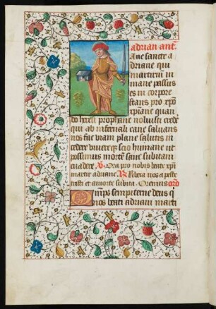 Bordürenseite mit Miniatur (Adrianus) und Fadenrankenbordüre