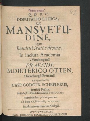 Disputatio Ethica, De Mansuetudine