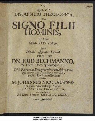 Disquisitio Theologica, De Signo Filii Hominis : Ex Loco Matth. XXIV. vers. 30.