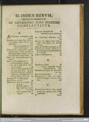 II. Index Rerum, Quas Comment. De Sacerdotio Novi Foederis Complectitur