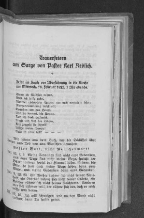 Trauerfeiern am Sarge von Pastor Karl Redlich.