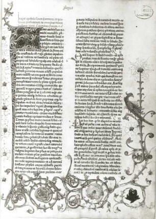 Biblia (lateinisch). Straßburg,vor 1466. Buchdruck und Buchmalerei. Titelblatt mit Initial "J" und Arabeske. Dresden: SLUB R 367 J