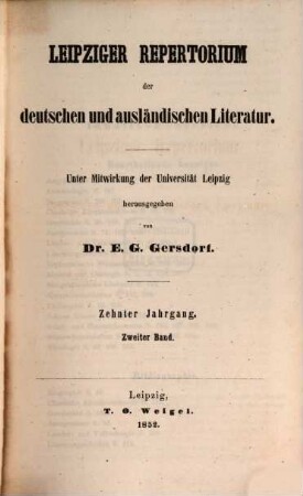 Leipziger Repertorium der deutschen und ausländischen Literatur. 38. 1852 = Jg. 10, Bd. 2