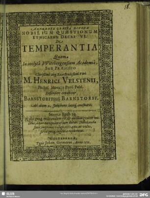 Nobilium Quaestionum Ethicarum Decas VI. De Temperantia : Defendere conabitur Barnstorffius Barnstorff