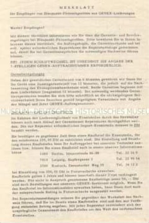 Merkblatt für Empfänger von Blaupunkt-Fersehgeräten mit den Adressen der Werkstätten in der DDR, die diese Geräte reparieren - Sachkonvolut
