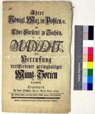 Mandat von Friedrich August II. Kurfürst von Sachsen über ein Verbot geringhaltiger Münzsorten