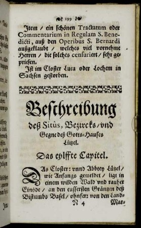 Beschreibung deß Situs, Bezircks/ und Gegne deß Gotts-Hauses Lützel. Das eylffte Capitel.