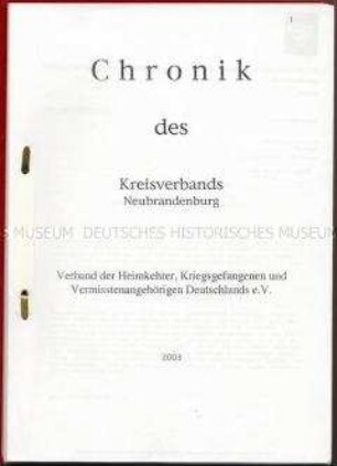 Dokumentation des Kreisverbandes Neubrandenburg über die Verbandsarbeit 1991 bis 2003 - Sachkonvolut