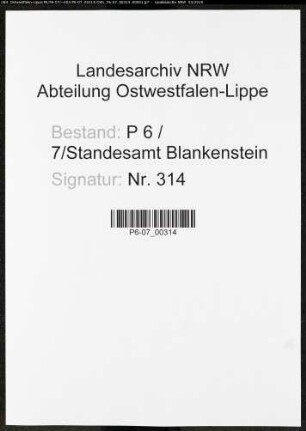 Sterberegister Standesamt Blankenstein/Ruhr