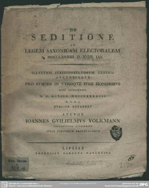 De Seditione Ad Legem Saxonicam Electoralem A. MDCCLXXXXI. D. XVIII. Ian.