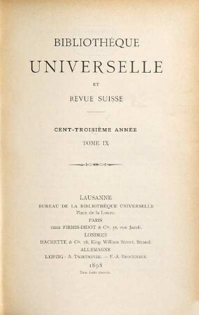 Bibliothèque universelle et revue suisse. 9 = 103. 1898